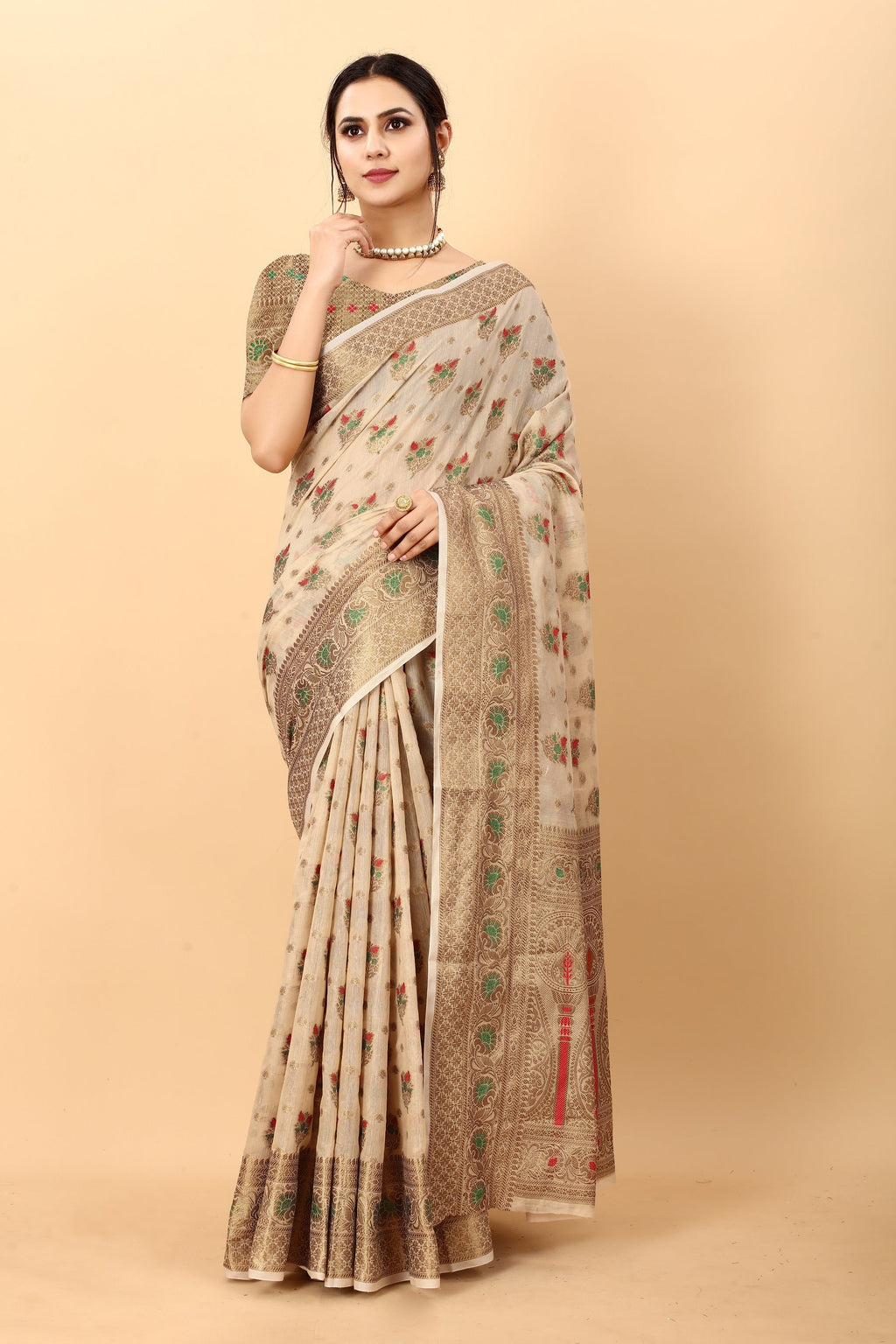 Vedant Vastram Soft Cotton Silk Kanjeevaram Saree - Beige | Grocsy