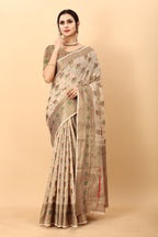 Vedant Vastram Soft Cotton Silk Kanjeevaram Saree - Beige | Grocsy
