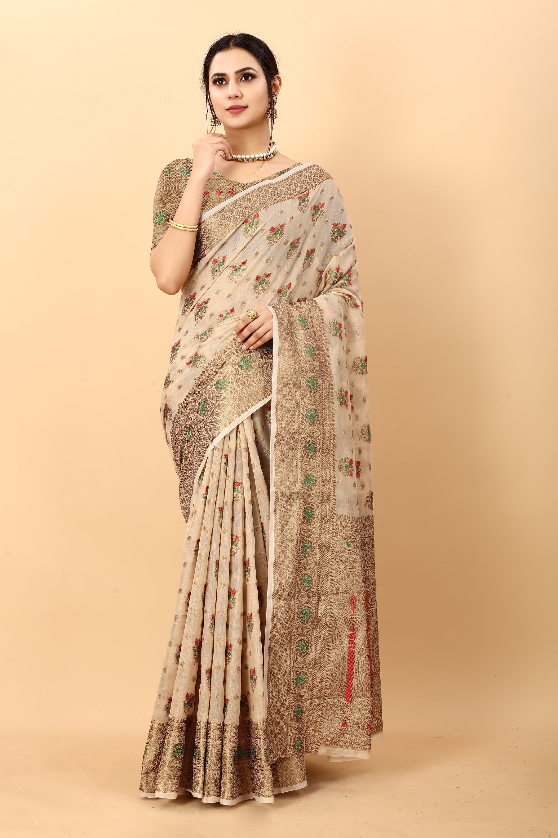 Vedant Vastram Soft Cotton Silk Kanjeevaram Saree - Beige | Grocsy