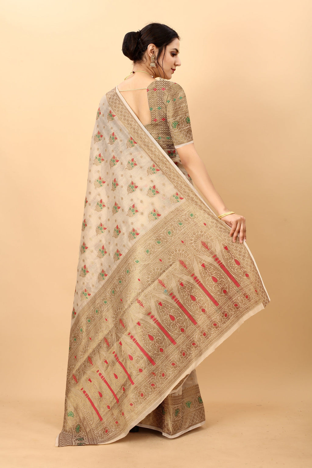 Vedant Vastram Soft Cotton Silk Kanjeevaram Saree - Beige | Grocsy