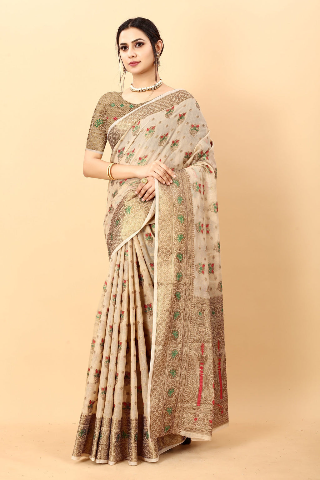 Vedant Vastram Soft Cotton Silk Kanjeevaram Saree - Beige | Grocsy