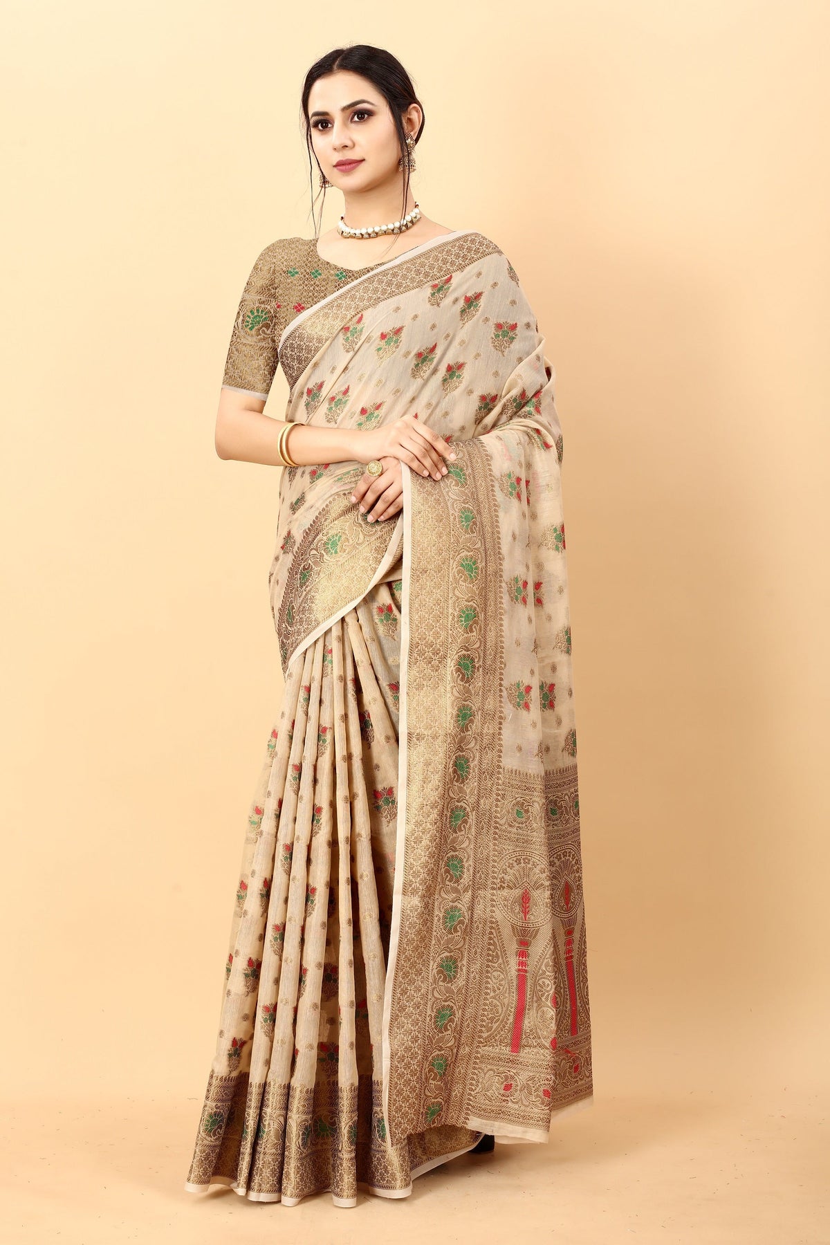 Vedant Vastram Soft Cotton Silk Kanjeevaram Saree - Beige | Grocsy