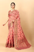 Vedant Vastram Soft Cotton Silk Kanjeevaram Saree - Peach | Grocsy