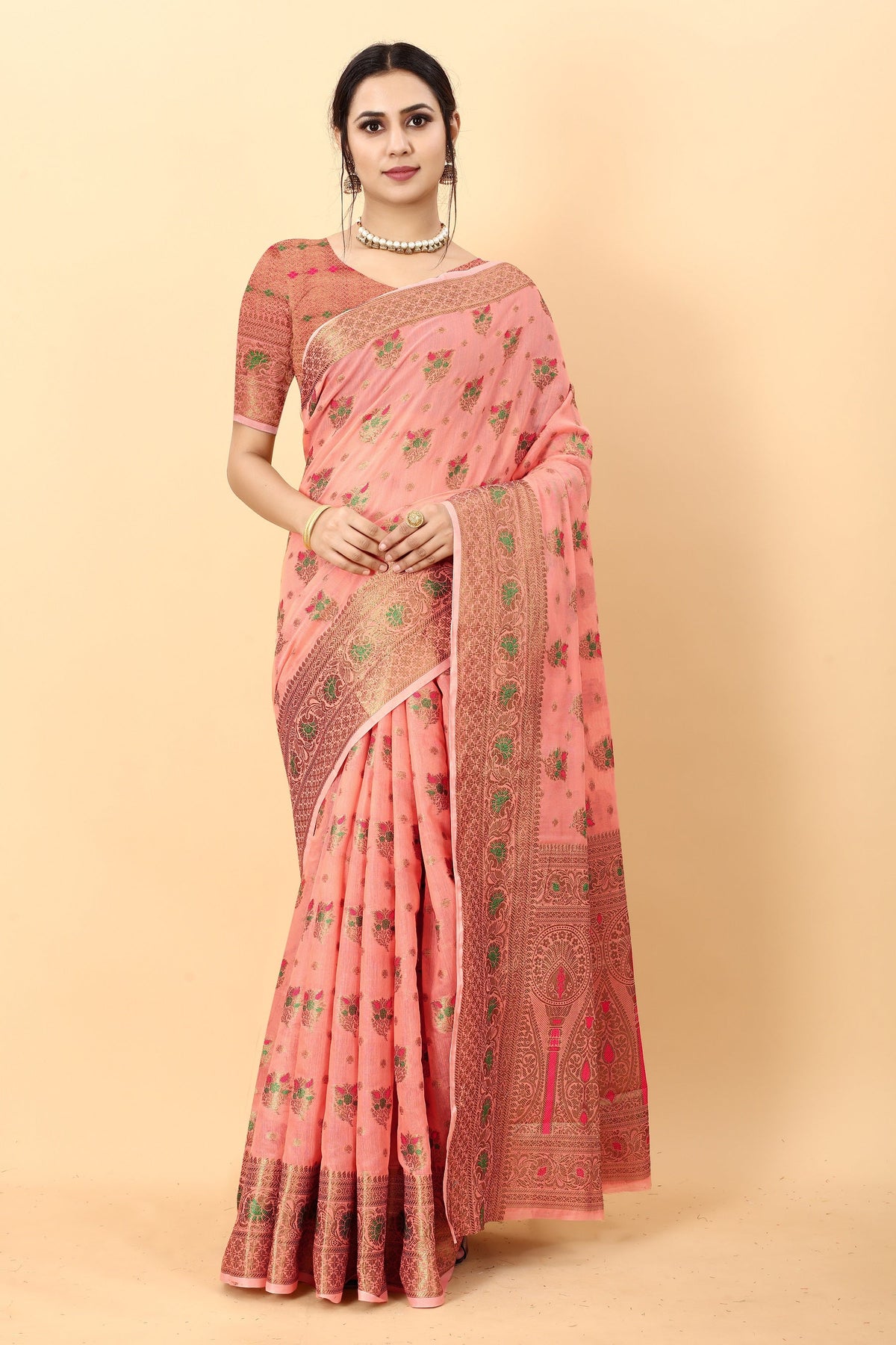 Vedant Vastram Soft Cotton Silk Kanjeevaram Saree - Peach | Grocsy