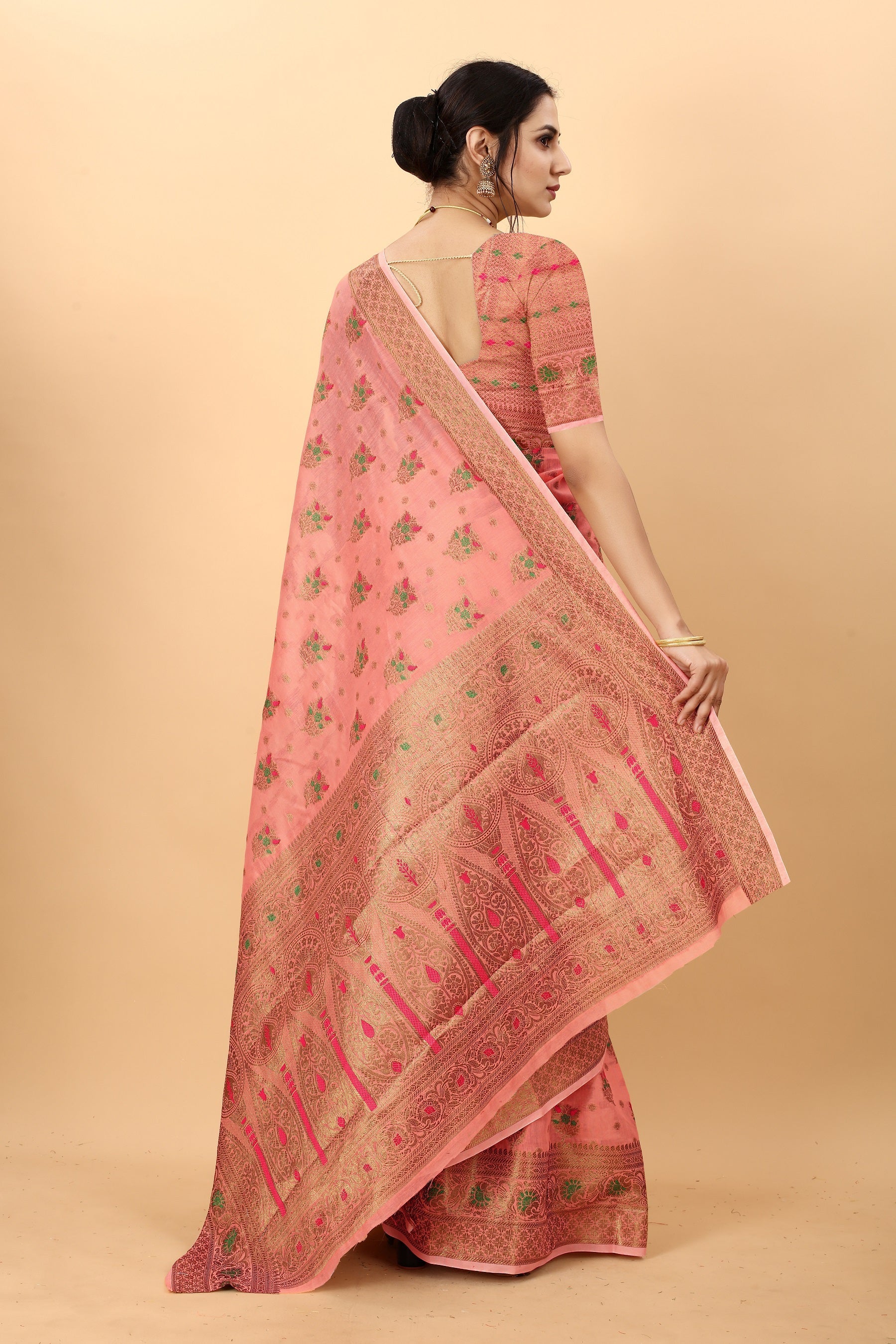 Vedant Vastram Soft Cotton Silk Kanjeevaram Saree - Peach | Grocsy