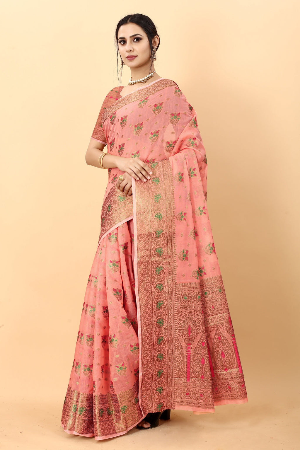 Vedant Vastram Soft Cotton Silk Kanjeevaram Saree - Peach | Grocsy