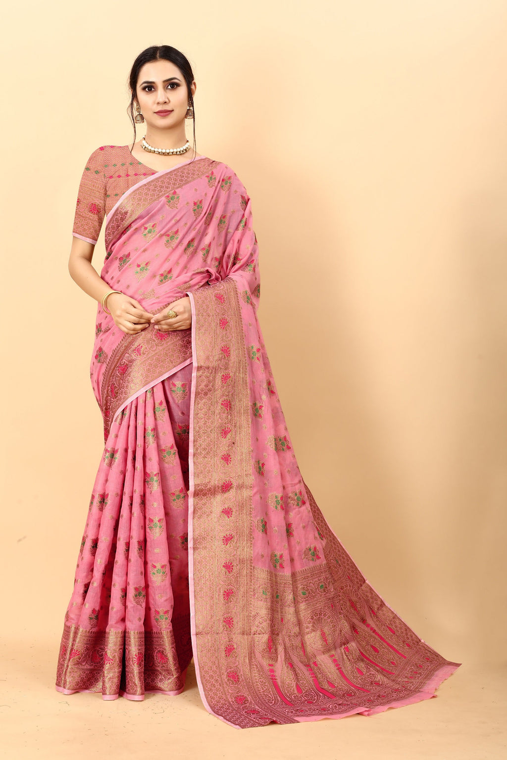 Vedant Vastram Soft Cotton Silk Kanjeevaram Saree - Pink | Grocsy
