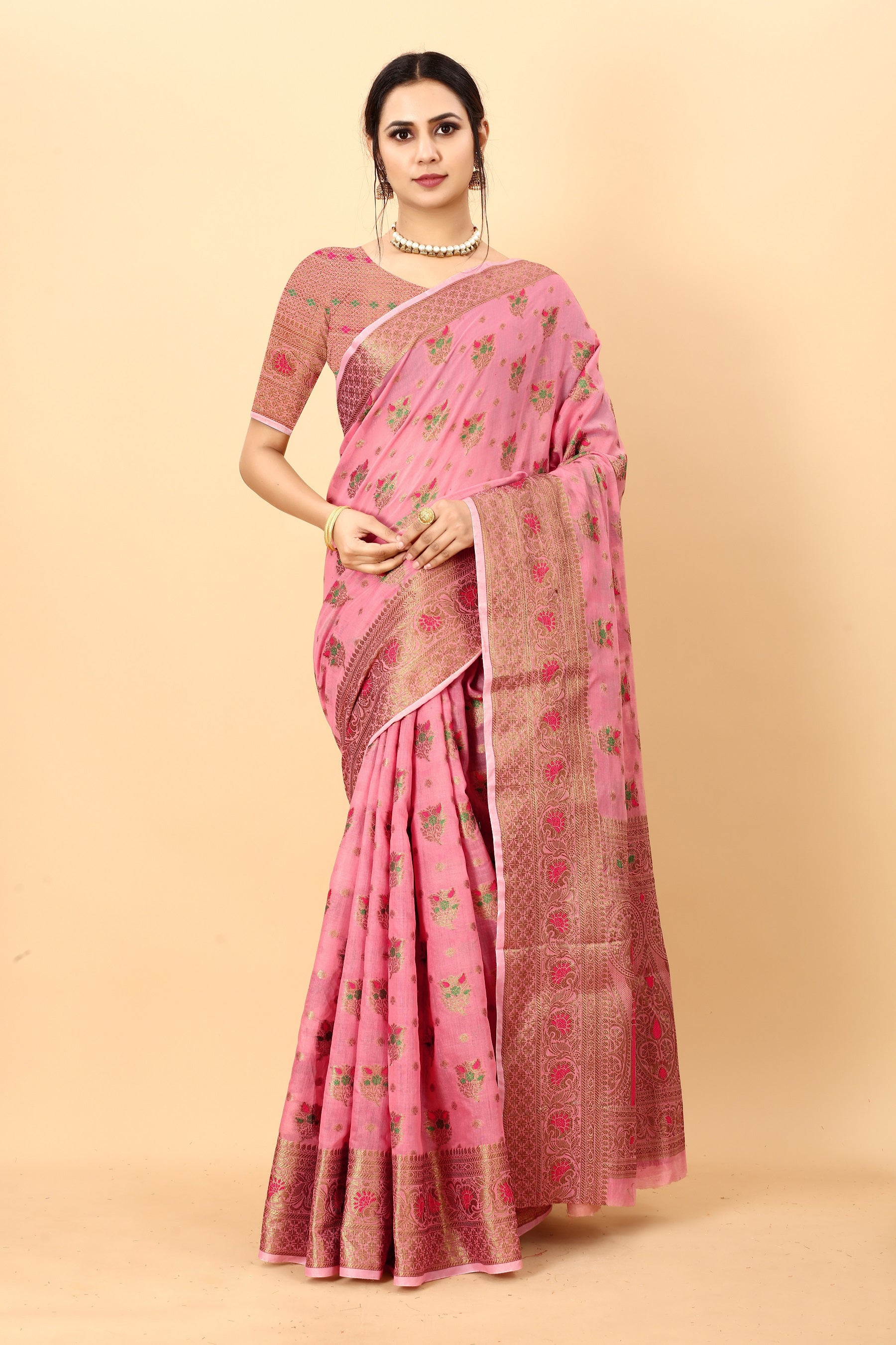 Vedant Vastram Soft Cotton Silk Kanjeevaram Saree - Pink | Grocsy