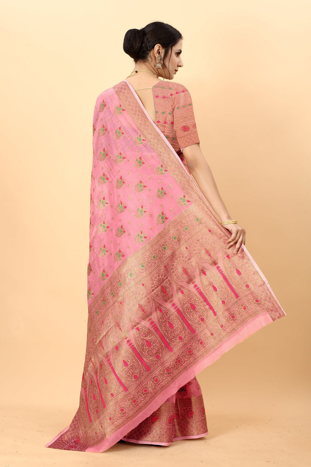Vedant Vastram Soft Cotton Silk Kanjeevaram Saree - Pink | Grocsy
