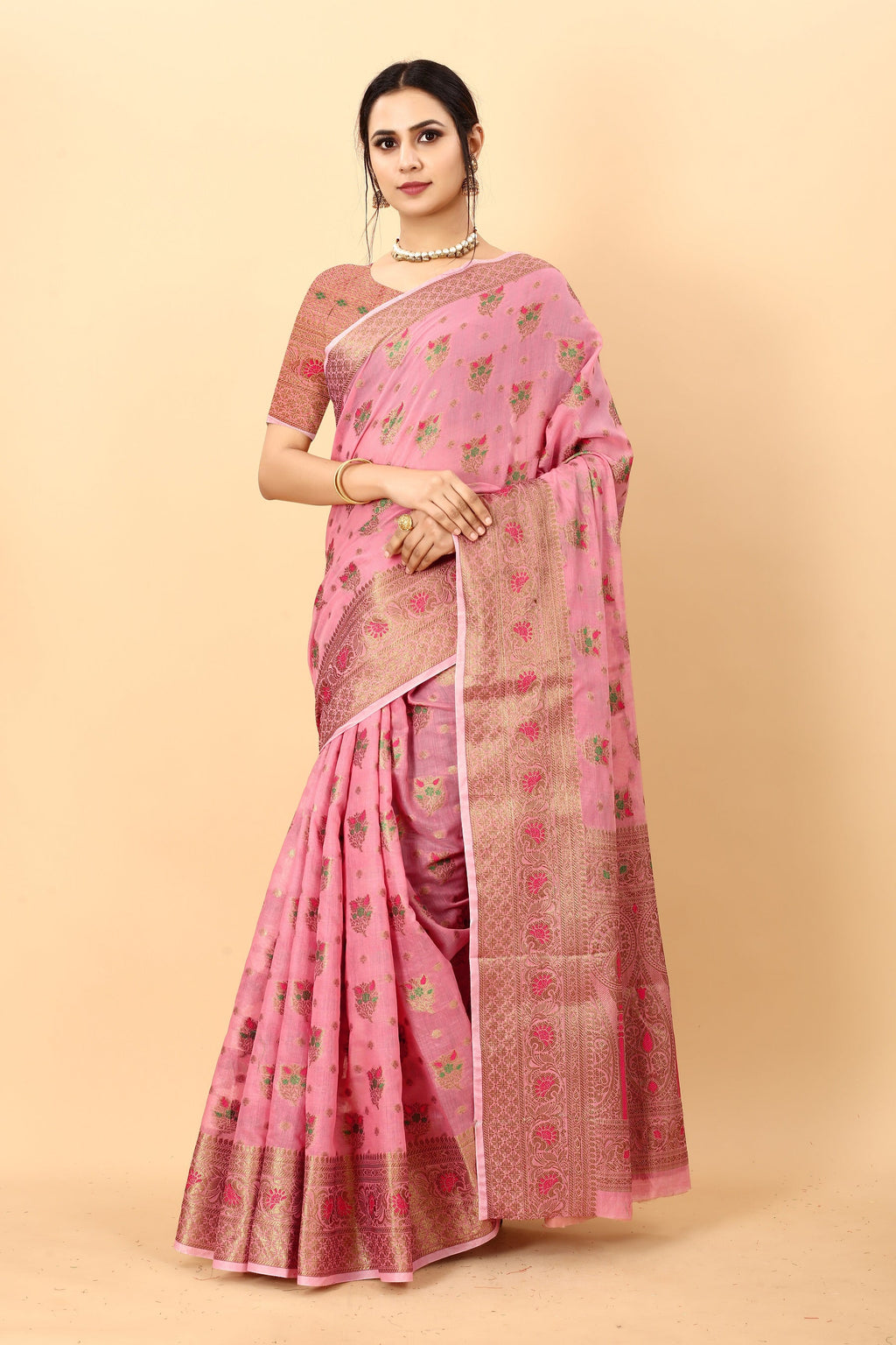Vedant Vastram Soft Cotton Silk Kanjeevaram Saree - Pink | Grocsy