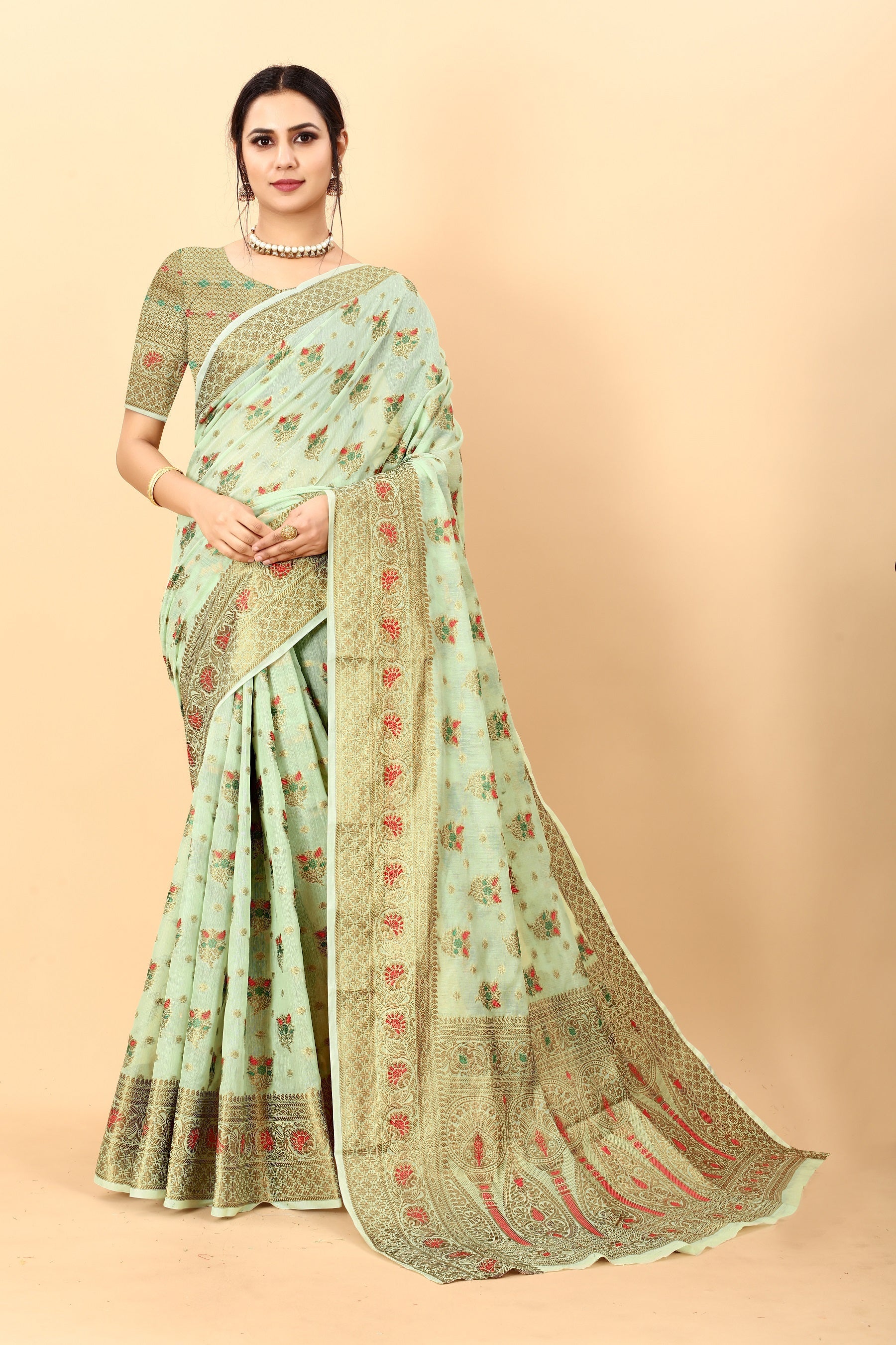 Vedant Vastram Soft Cotton Silk Kanjeevaram Saree - Pista | Grocsy