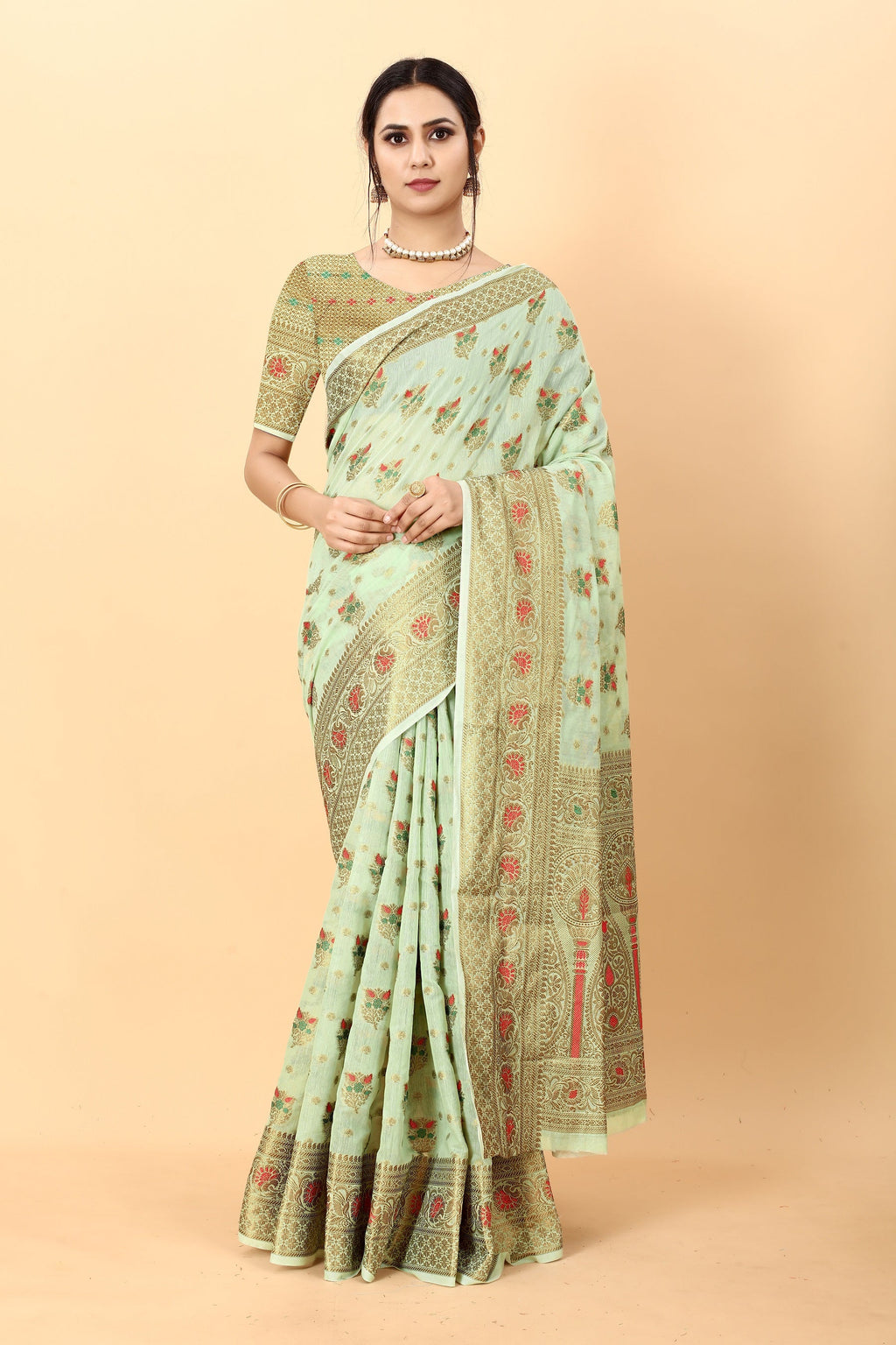 Vedant Vastram Soft Cotton Silk Kanjeevaram Saree - Pista | Grocsy