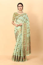 Vedant Vastram Soft Cotton Silk Kanjeevaram Saree - Pista | Grocsy