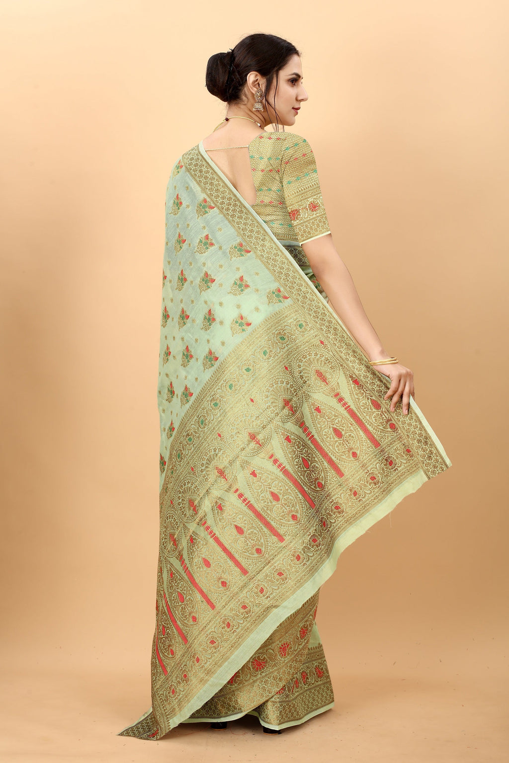 Vedant Vastram Soft Cotton Silk Kanjeevaram Saree - Pista | Grocsy