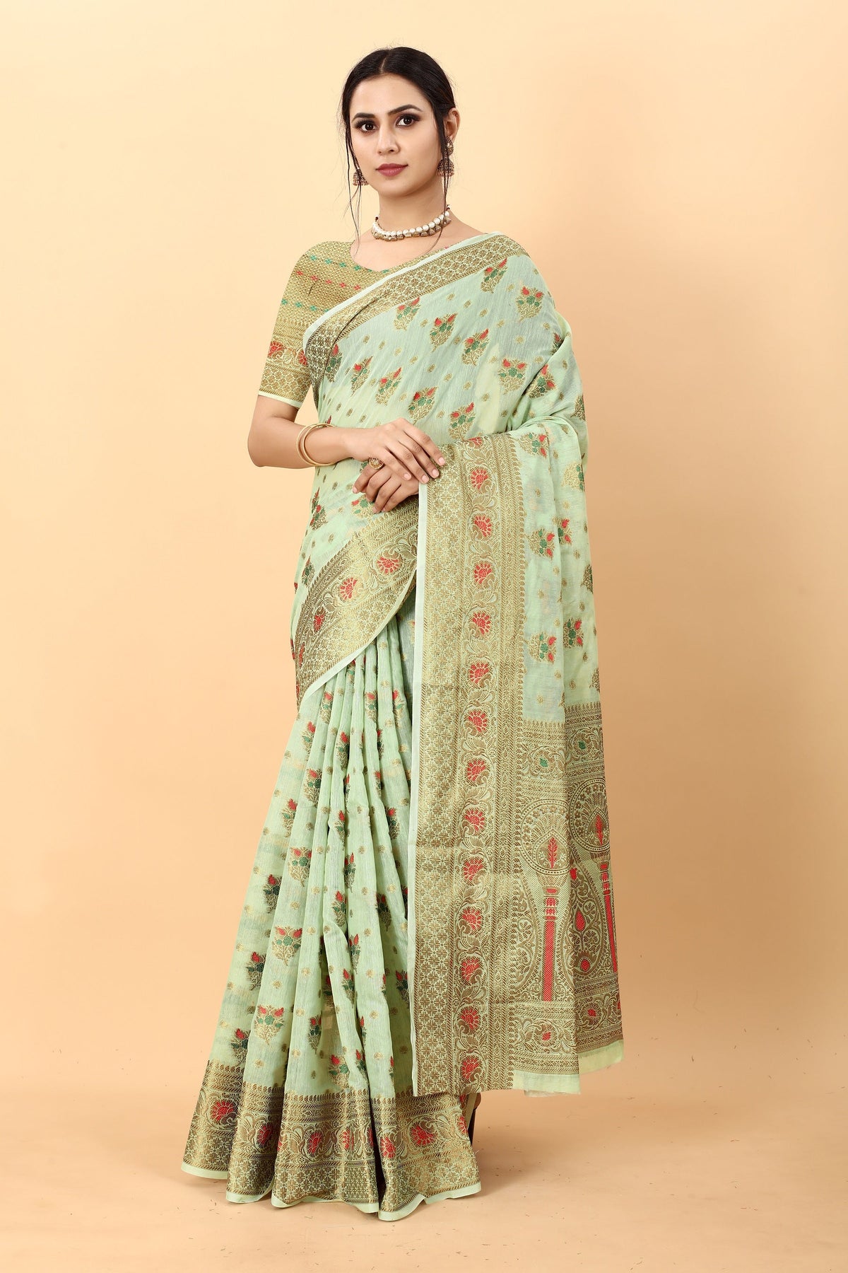 Vedant Vastram Soft Cotton Silk Kanjeevaram Saree - Pista | Grocsy