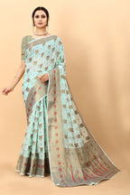 Vedant Vastram Soft Cotton Silk Kanjeevaram Saree - Turquoise | Grocsy