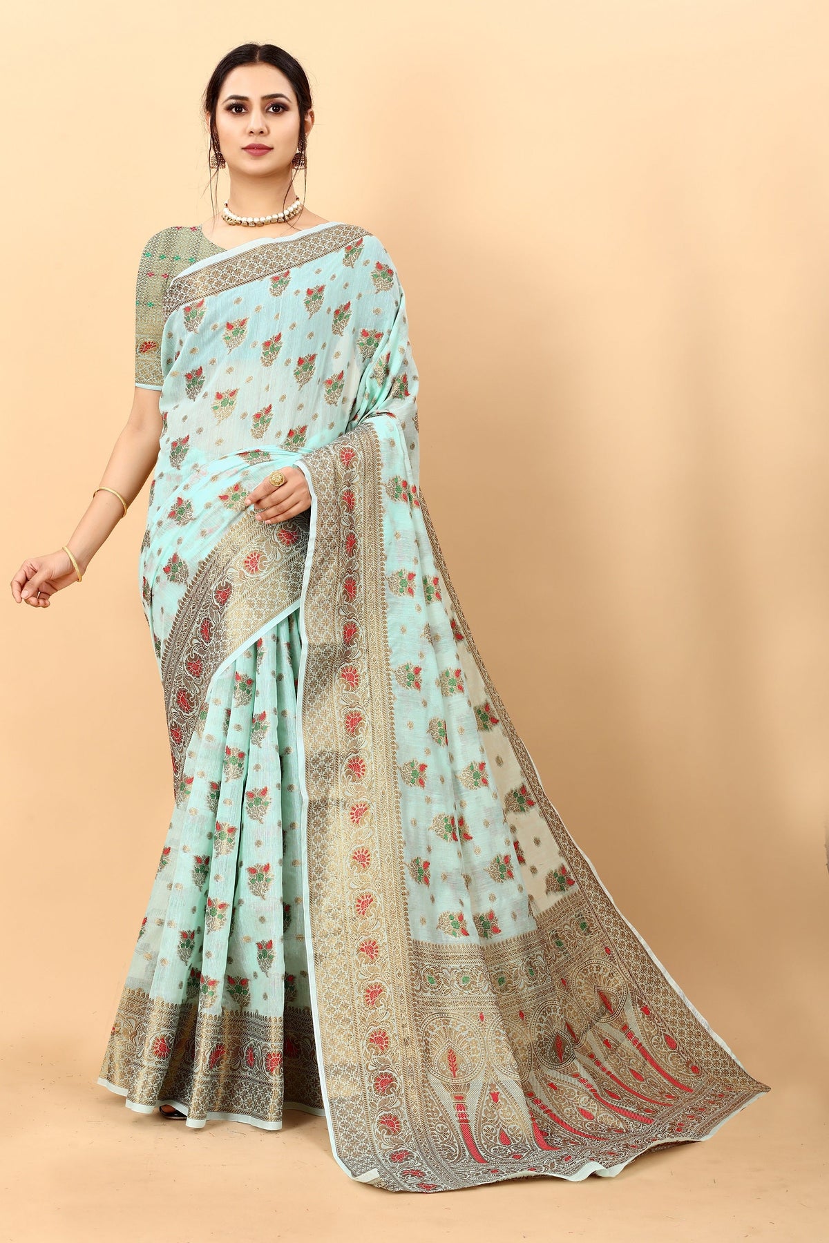 Vedant Vastram Soft Cotton Silk Kanjeevaram Saree - Turquoise | Grocsy
