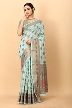 Vedant Vastram Soft Cotton Silk Kanjeevaram Saree - Turquoise | Grocsy