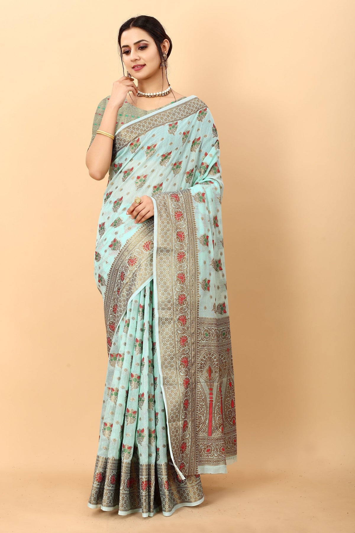 Vedant Vastram Soft Cotton Silk Kanjeevaram Saree - Turquoise | Grocsy