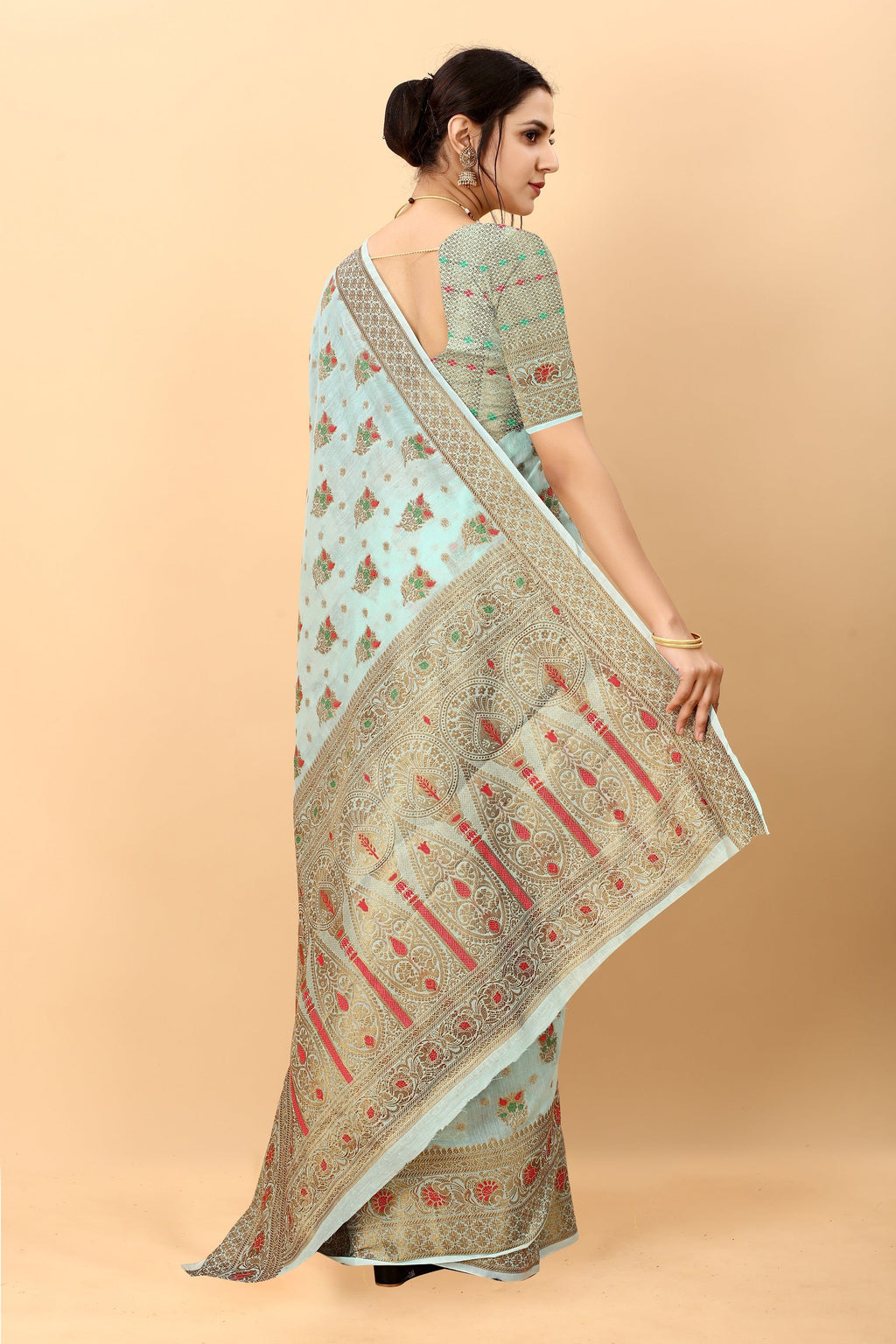 Vedant Vastram Soft Cotton Silk Kanjeevaram Saree - Turquoise | Grocsy