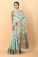 Vedant Vastram Soft Cotton Silk Kanjeevaram Saree - Turquoise | Grocsy