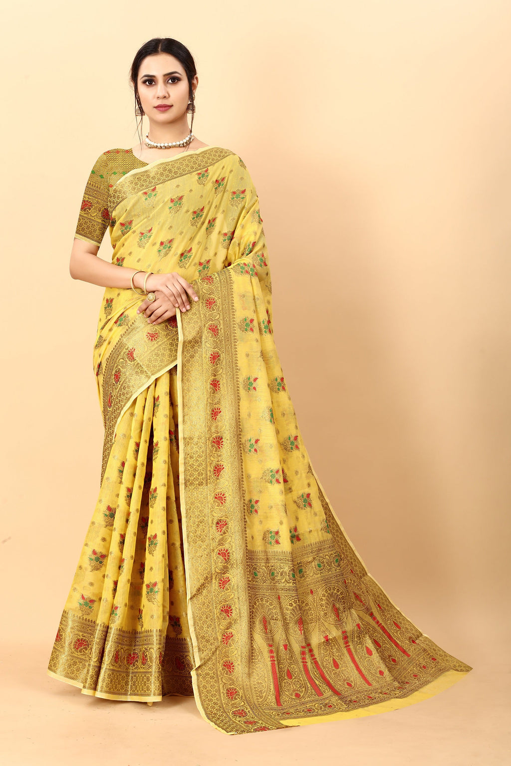 Vedant Vastram Soft Cotton Silk Kanjeevaram Saree - Yellow | Grocsy