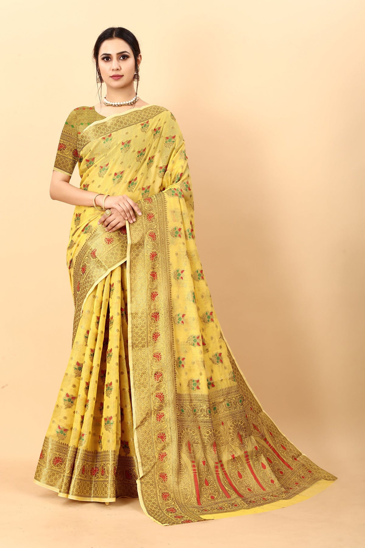 Vedant Vastram Soft Cotton Silk Kanjeevaram Saree - Yellow | Grocsy