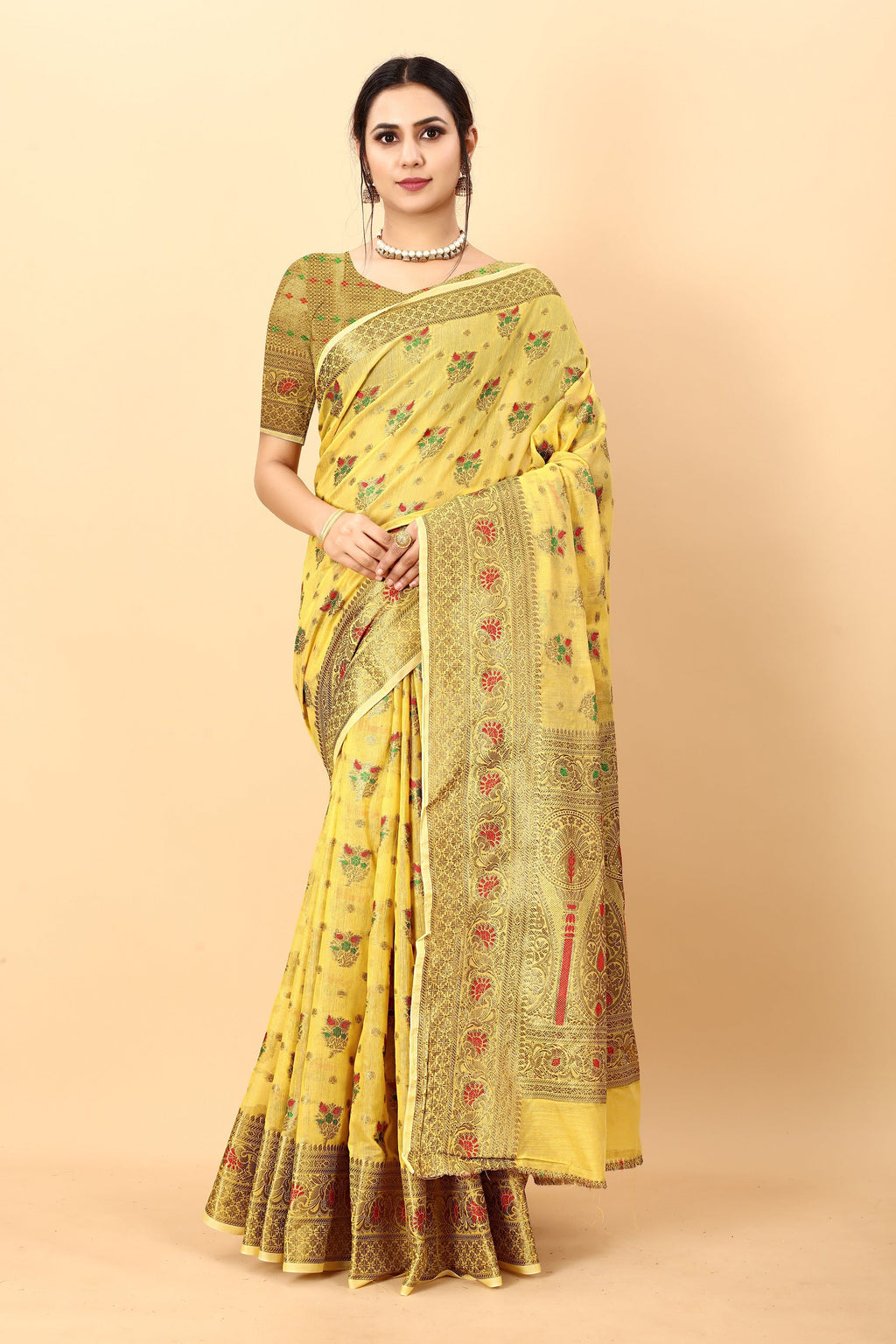 Vedant Vastram Soft Cotton Silk Kanjeevaram Saree - Yellow | Grocsy