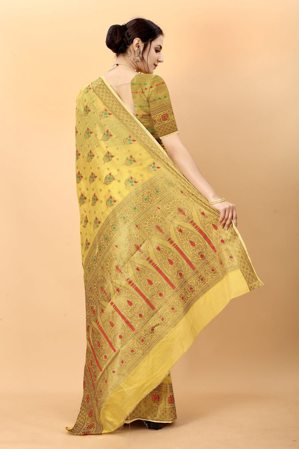 Vedant Vastram Soft Cotton Silk Kanjeevaram Saree - Yellow | Grocsy