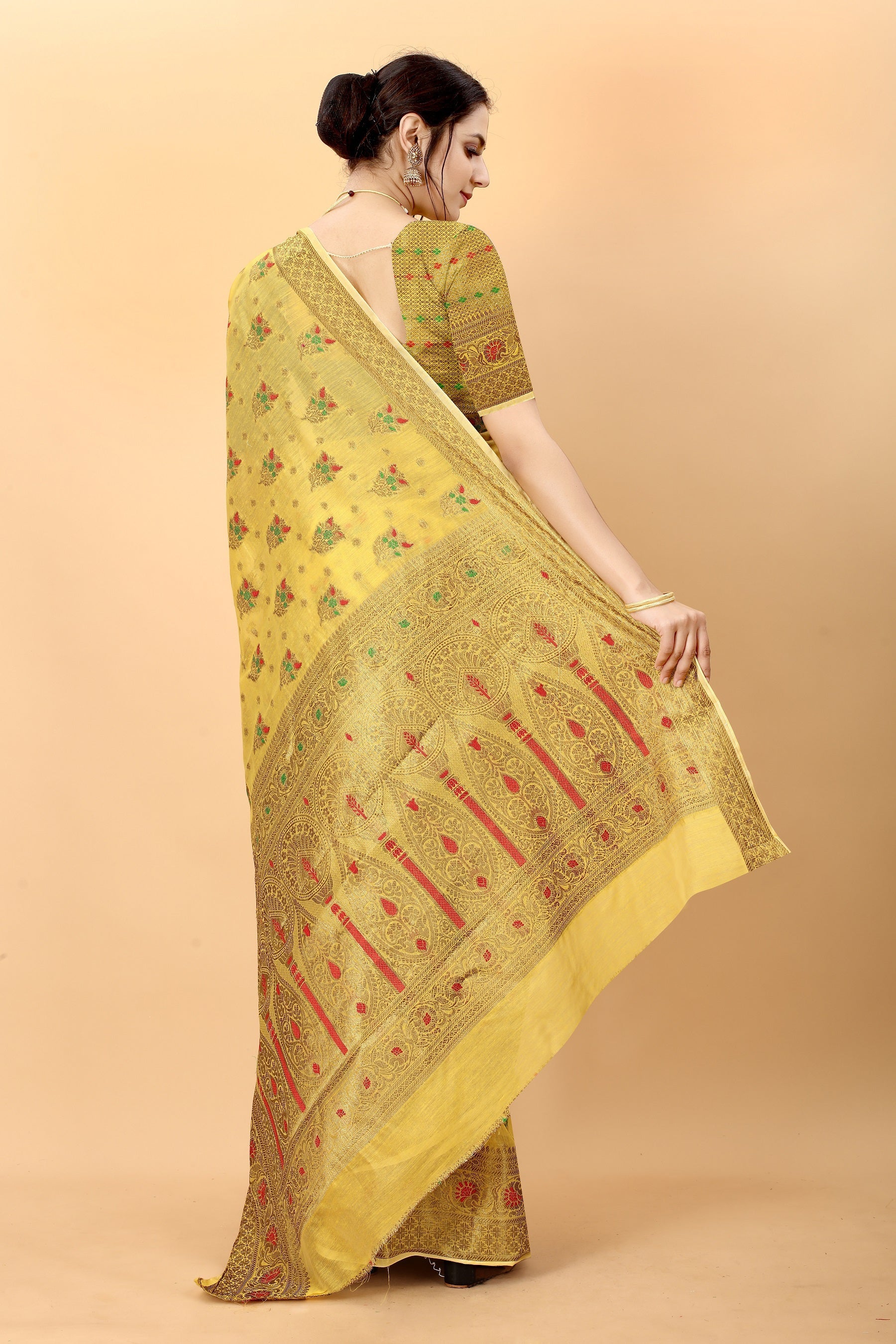 Vedant Vastram Soft Cotton Silk Kanjeevaram Saree - Yellow | Grocsy