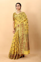 Vedant Vastram Soft Cotton Silk Kanjeevaram Saree - Yellow | Grocsy