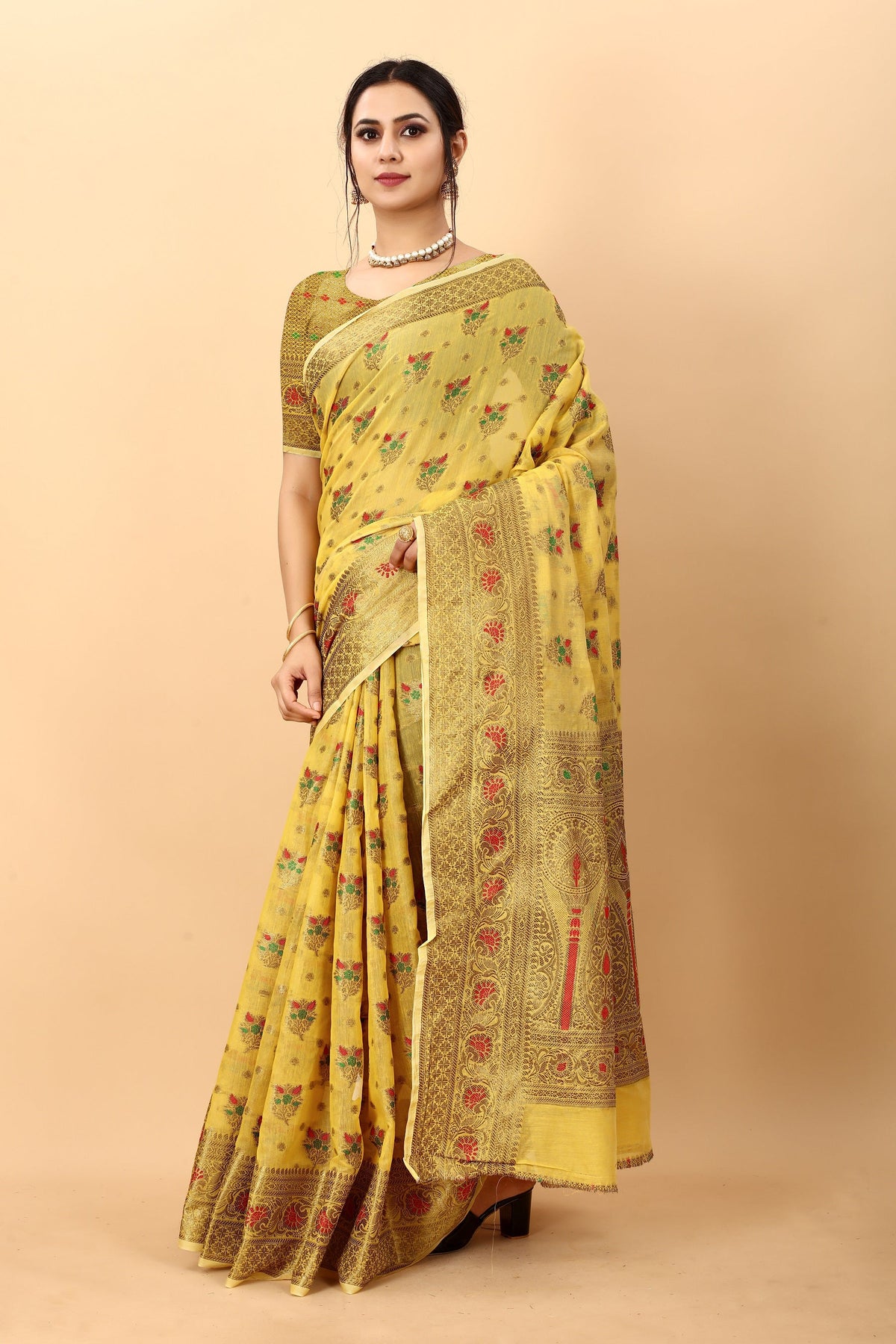 Vedant Vastram Soft Cotton Silk Kanjeevaram Saree - Yellow | Grocsy