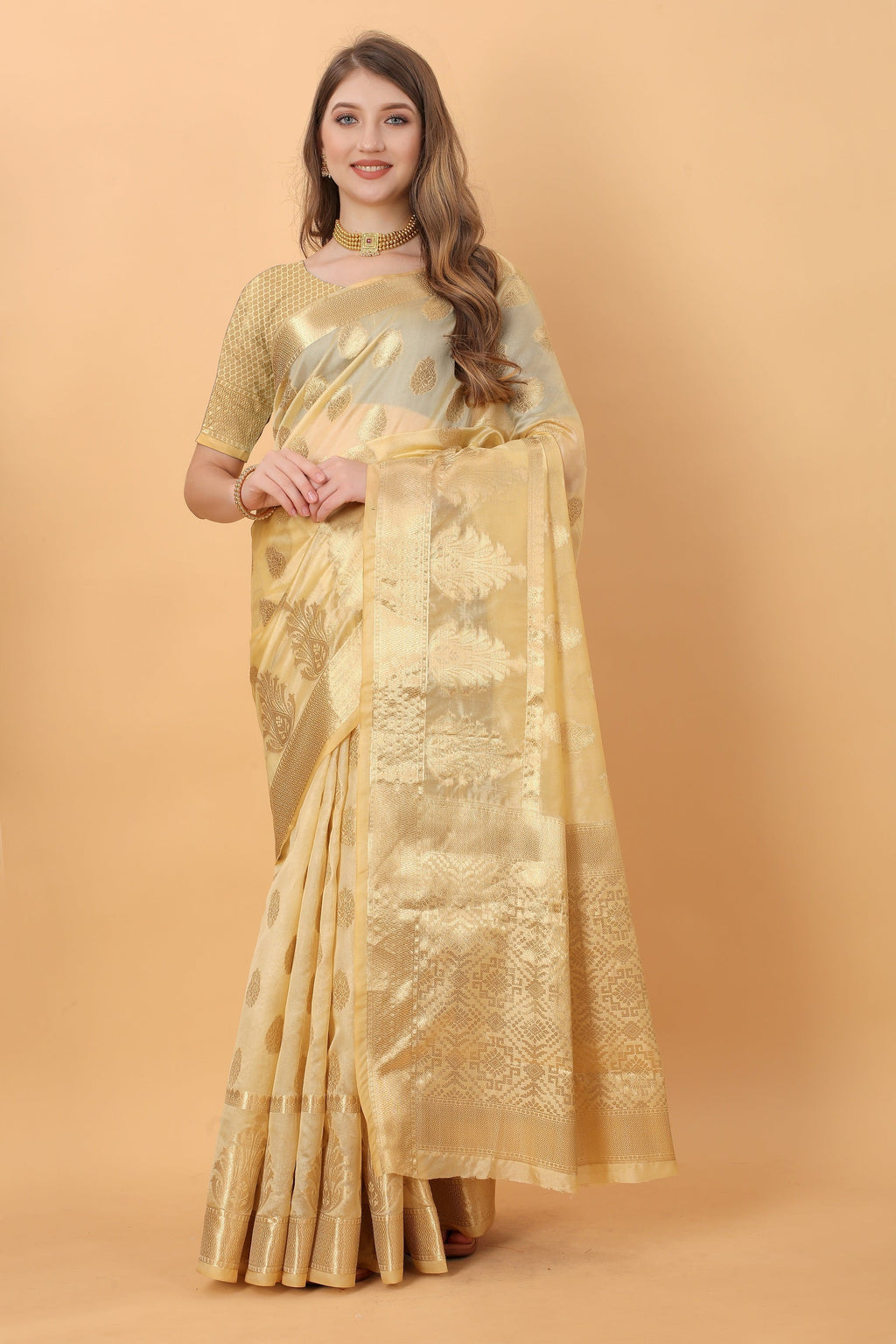 Vedant Vastram Organza Silk Banarasi Silk Saree - Gold | Grocsy