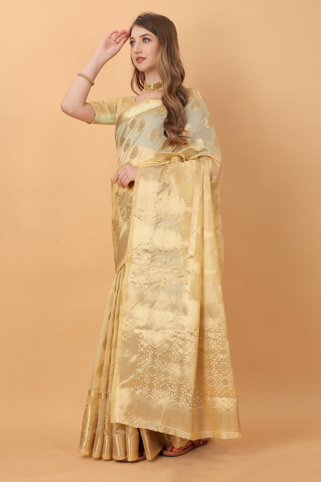 Vedant Vastram Organza Silk Banarasi Silk Saree - Gold | Grocsy