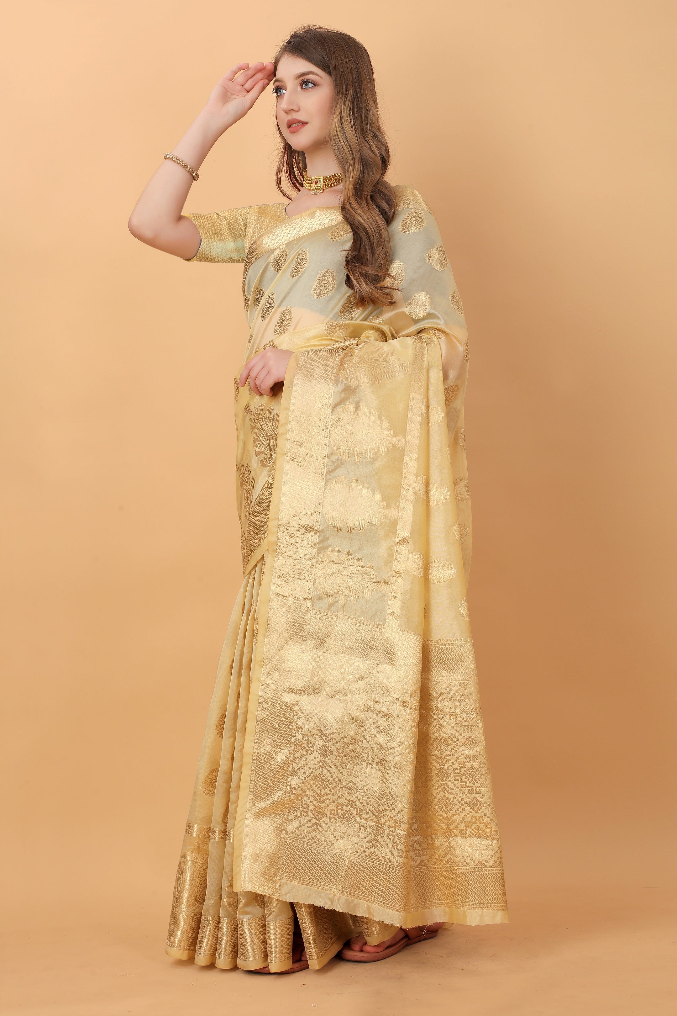 Vedant Vastram Organza Silk Banarasi Silk Saree - Gold | Grocsy