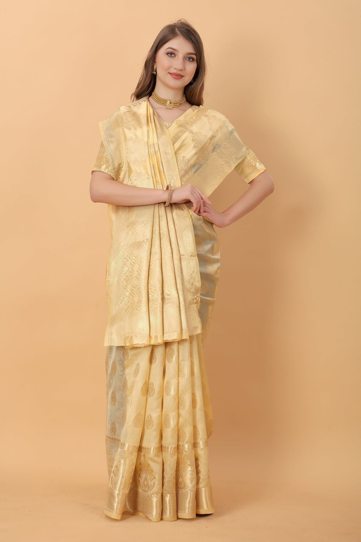 Vedant Vastram Organza Silk Banarasi Silk Saree - Gold | Grocsy