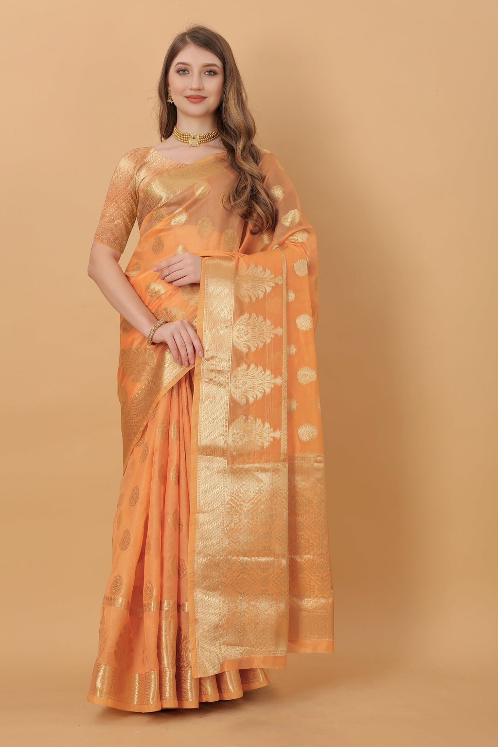 Vedant Vastram Organza Silk Banarasi Silk Saree - Orange | Grocsy