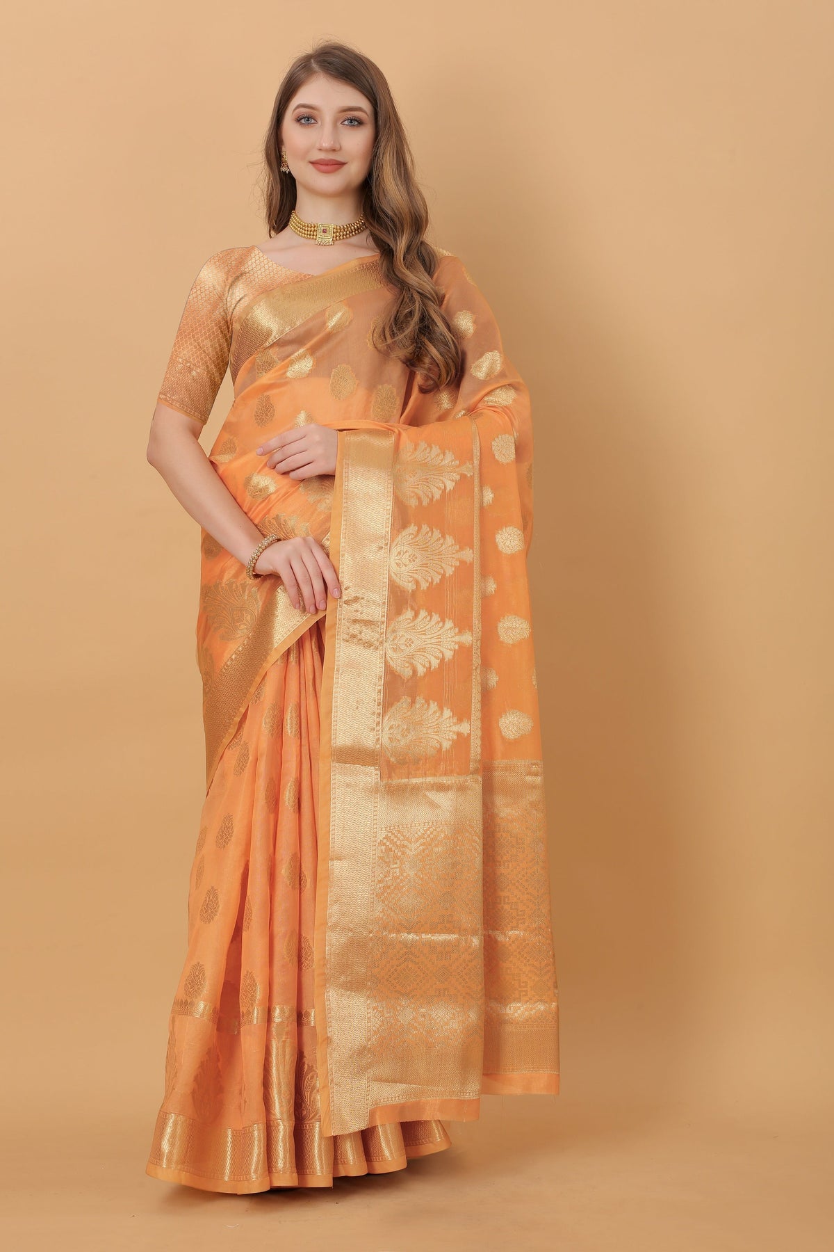 Vedant Vastram Organza Silk Banarasi Silk Saree - Orange | Grocsy