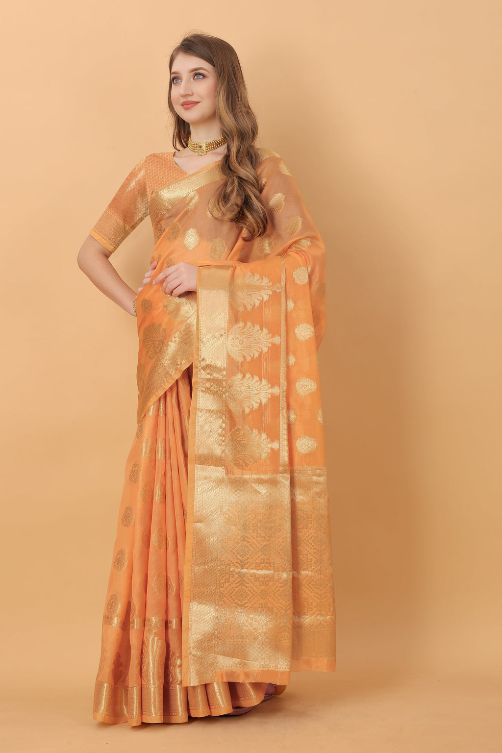 Vedant Vastram Organza Silk Banarasi Silk Saree - Orange | Grocsy