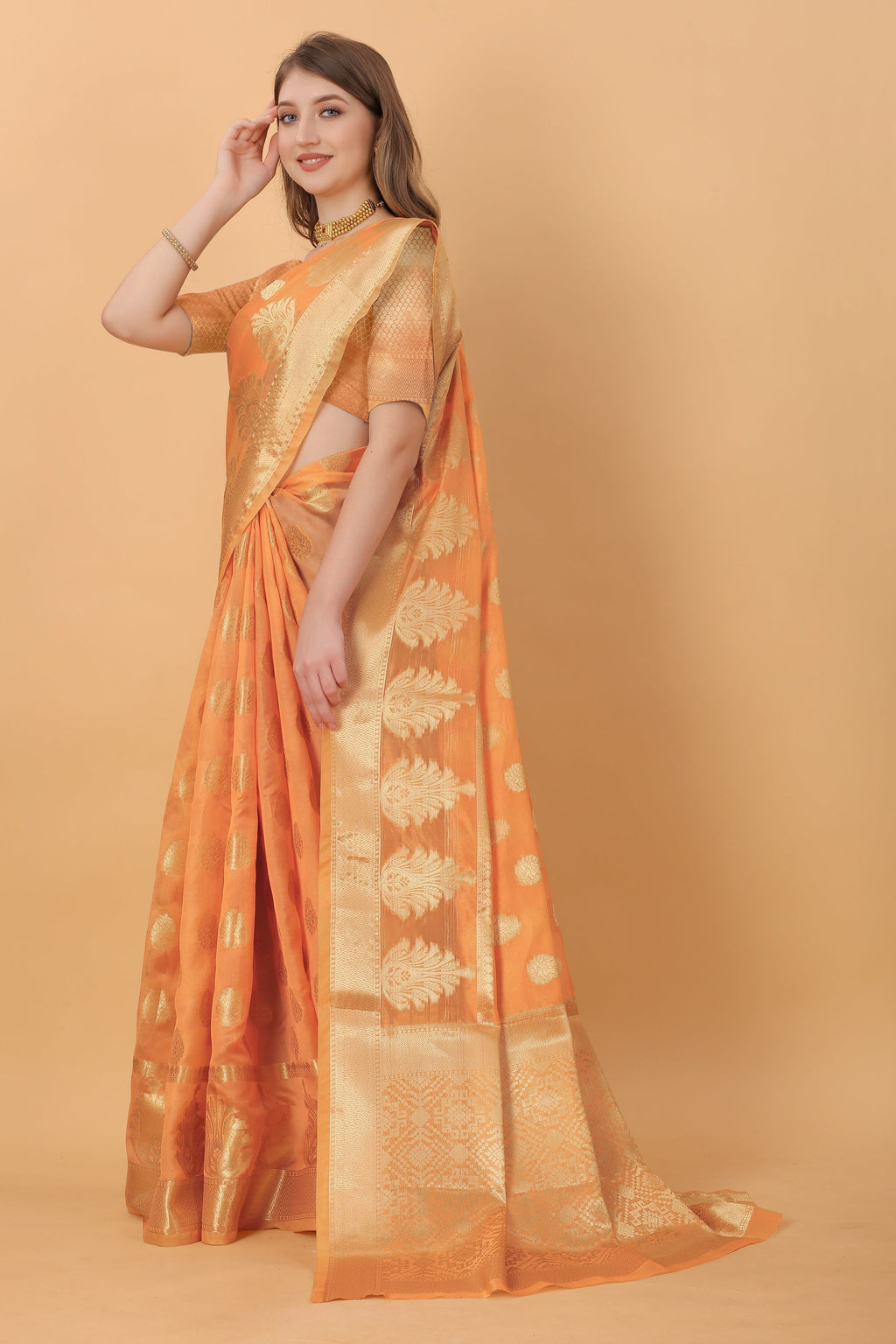 Vedant Vastram Organza Silk Banarasi Silk Saree - Orange | Grocsy