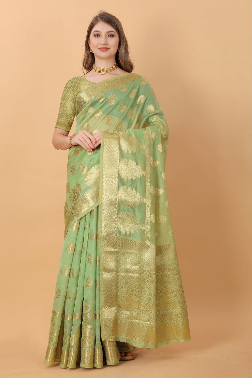 Vedant Vastram Organza Silk Banarasi Silk Saree - Parrot | Grocsy