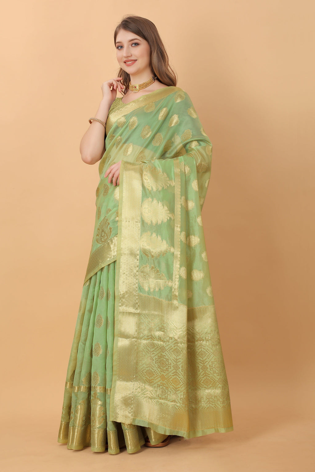 Vedant Vastram Organza Silk Banarasi Silk Saree - Parrot | Grocsy