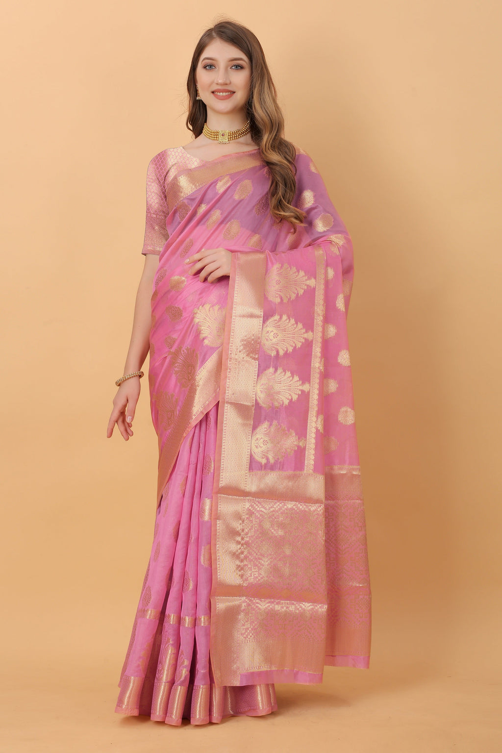 Vedant Vastram Organza Silk Banarasi Silk Saree - Pink | Grocsy