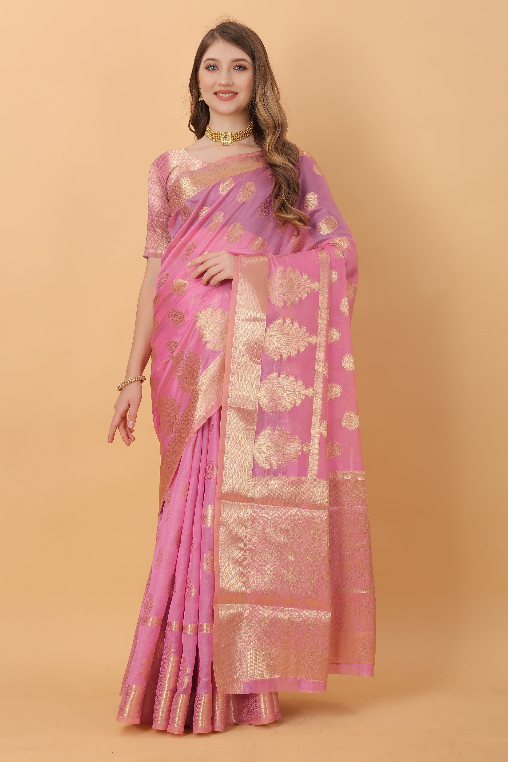 Vedant Vastram Organza Silk Banarasi Silk Saree - Pink | Grocsy