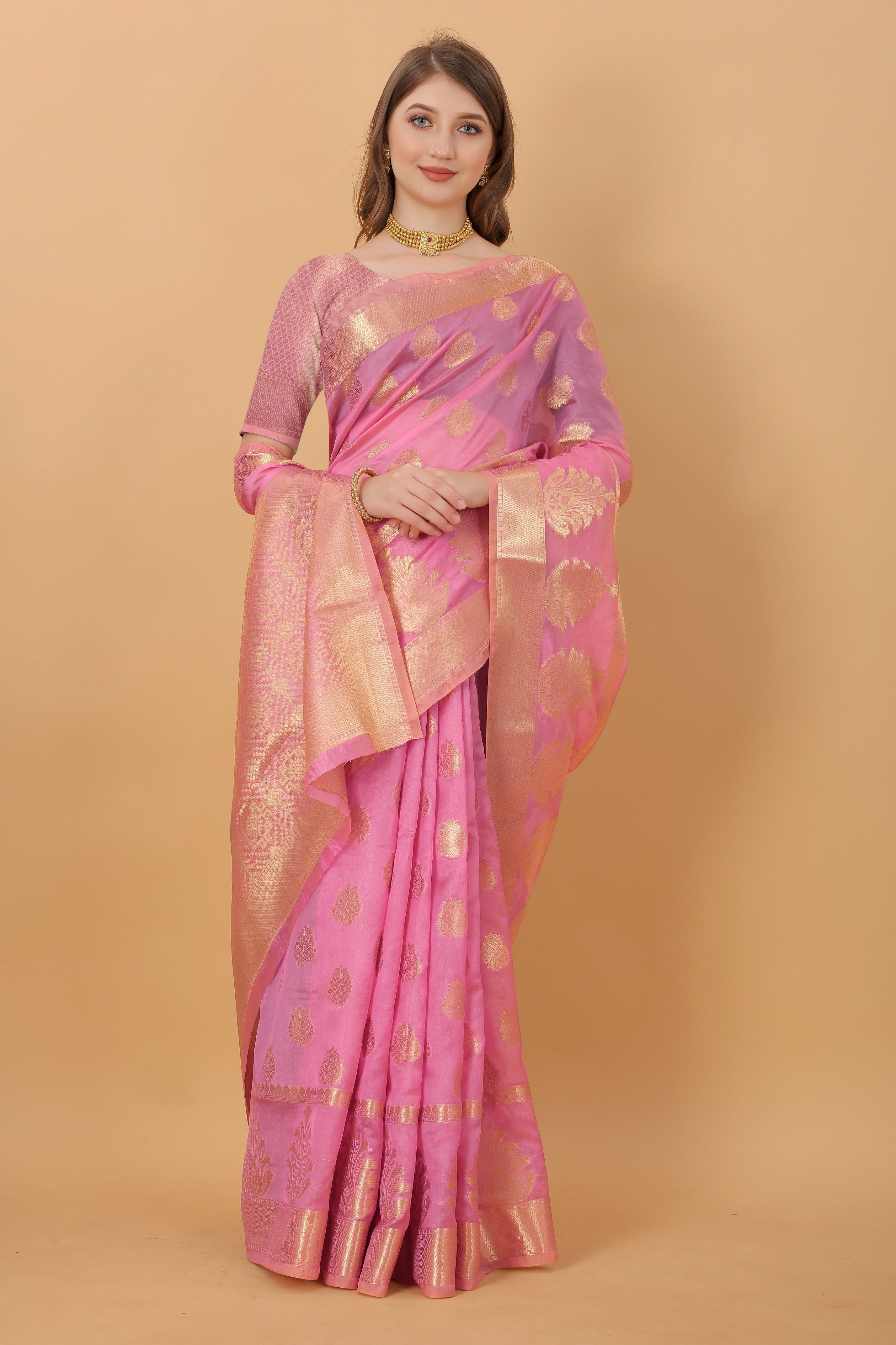 Vedant Vastram Organza Silk Banarasi Silk Saree - Pink | Grocsy