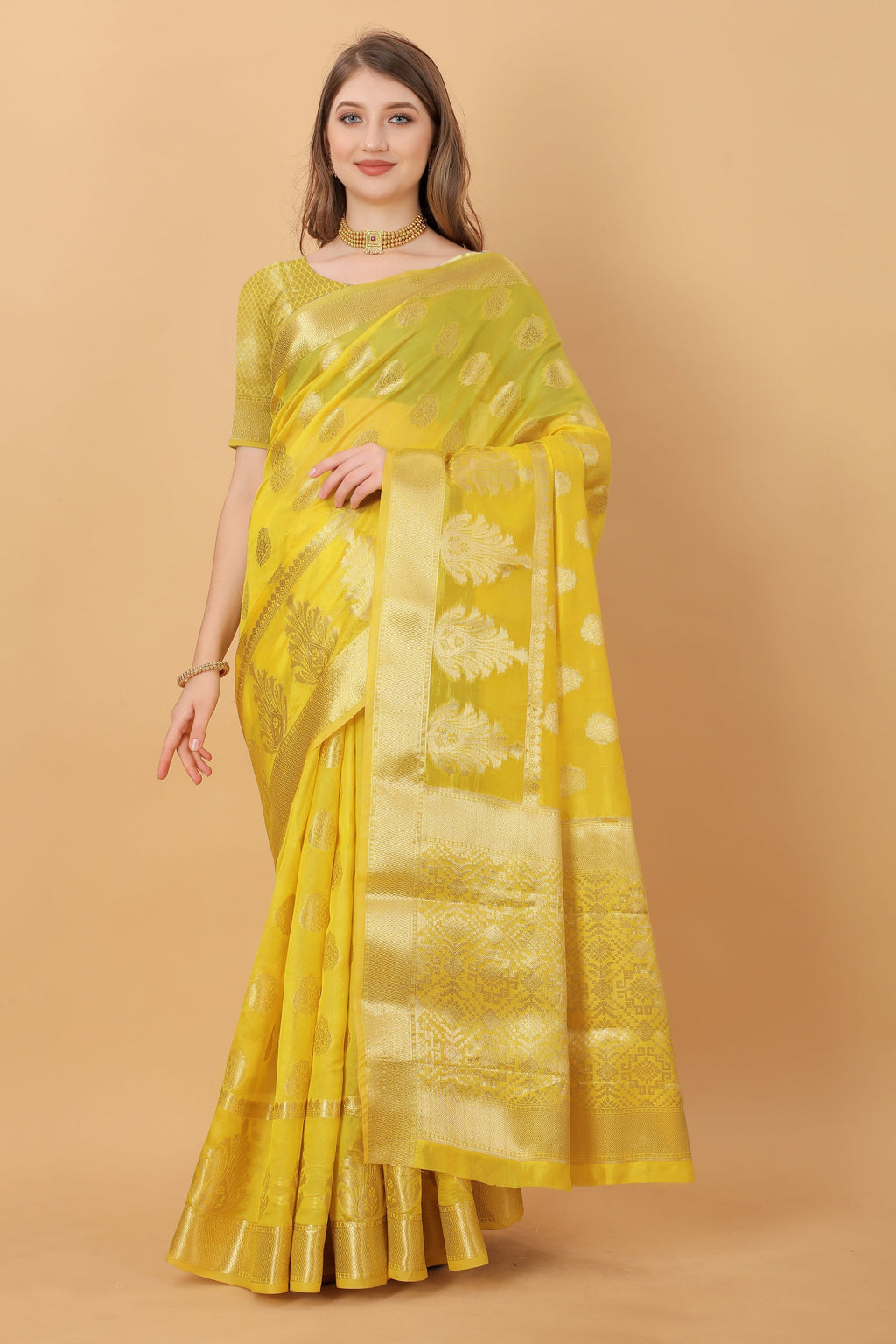 Vedant Vastram Organza Silk Banarasi Silk Saree - Yellow | Grocsy