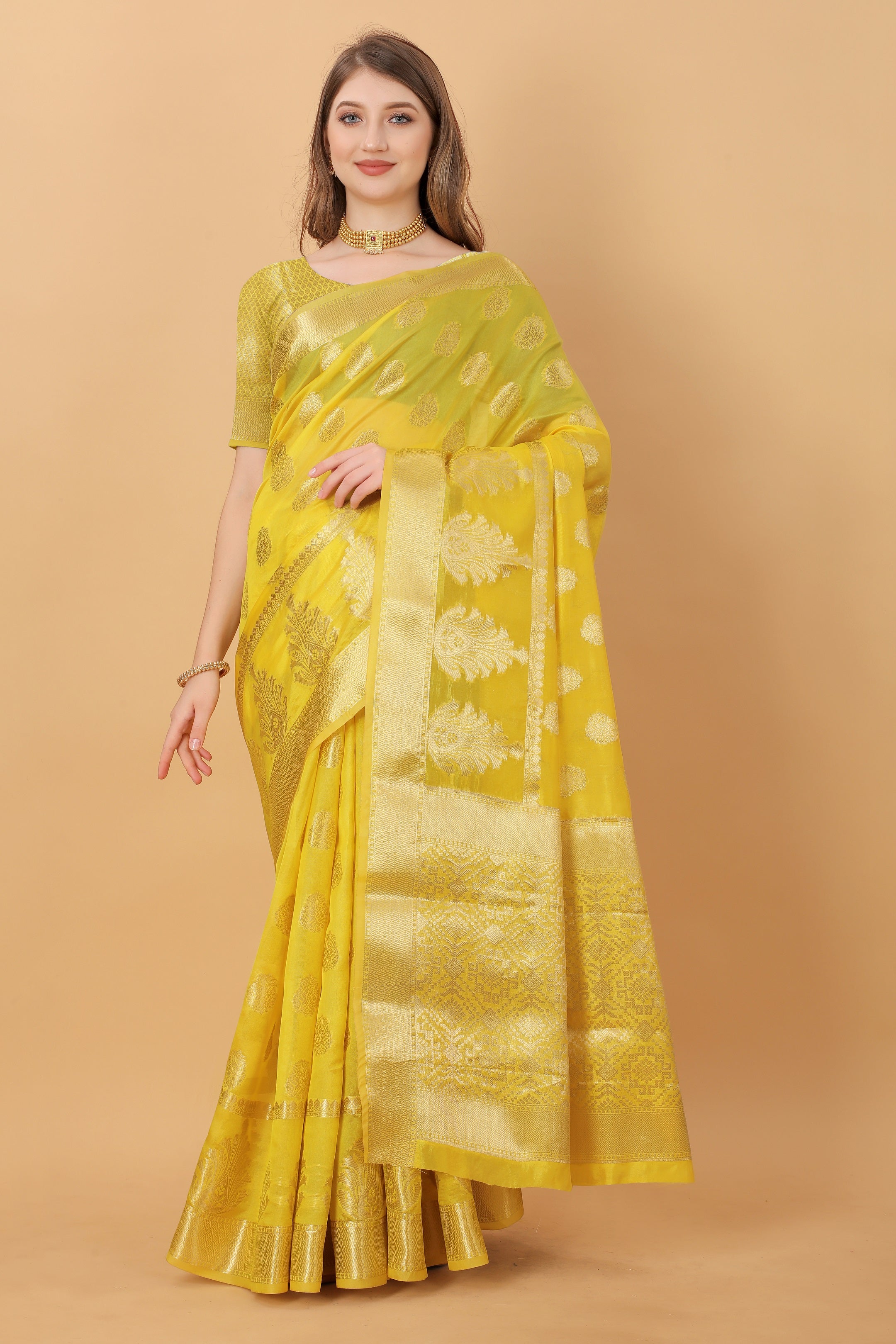 Vedant Vastram Organza Silk Banarasi Silk Saree - Yellow | Grocsy