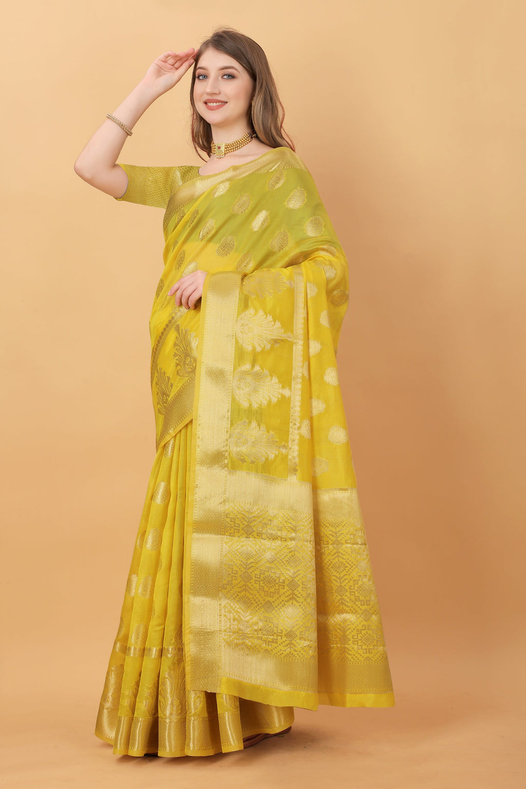 Vedant Vastram Organza Silk Banarasi Silk Saree - Yellow | Grocsy