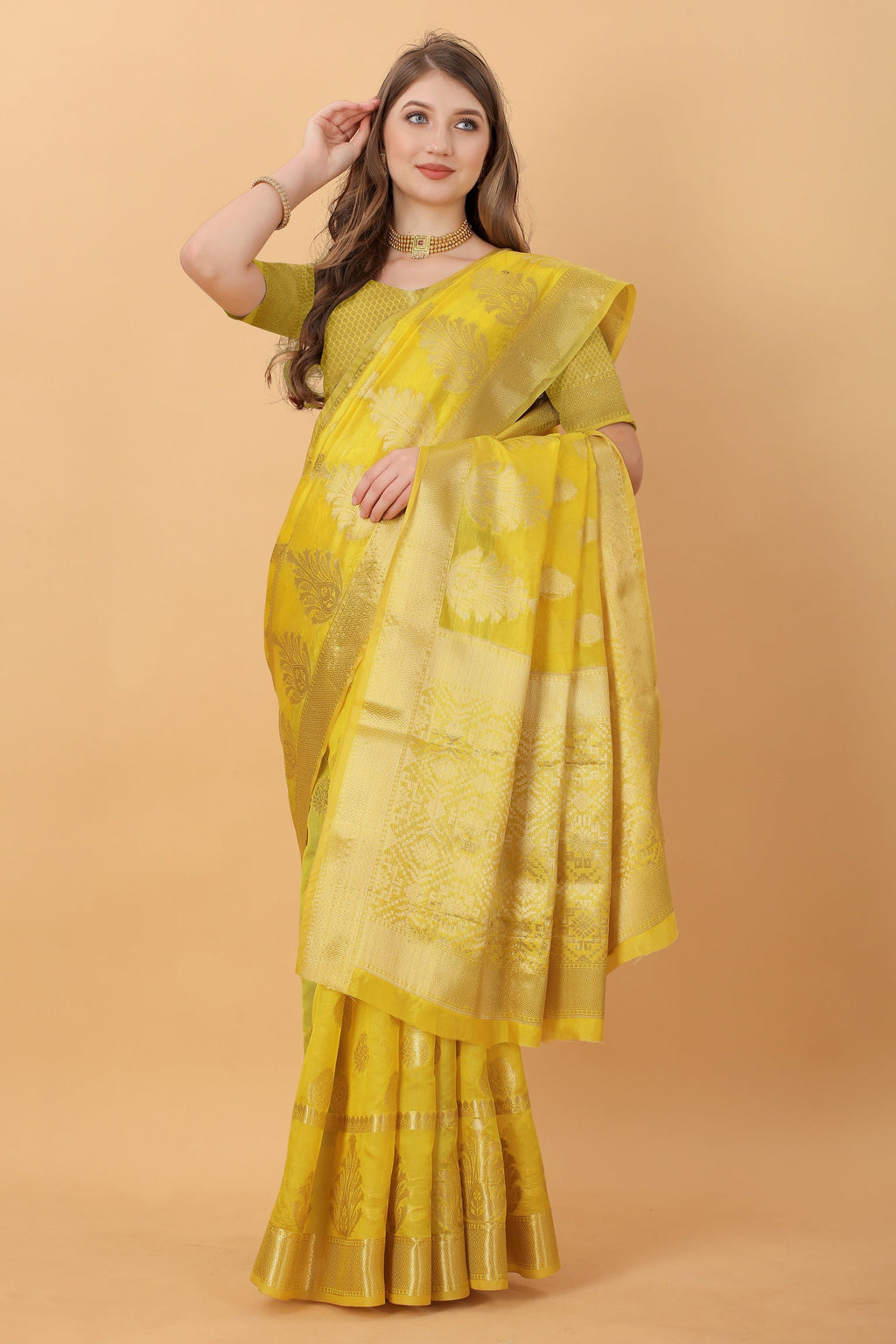 Vedant Vastram Organza Silk Banarasi Silk Saree - Yellow | Grocsy