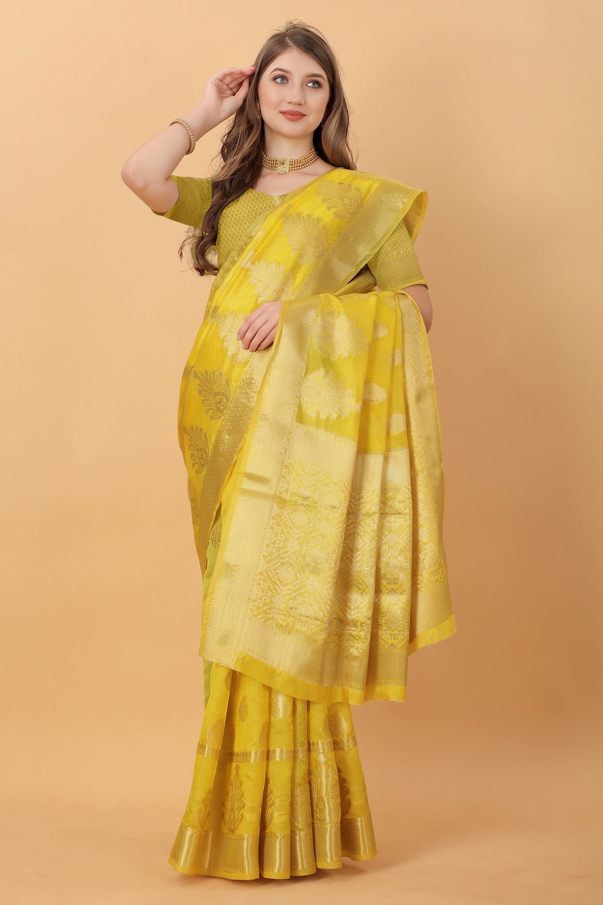 Vedant Vastram Organza Silk Banarasi Silk Saree - Yellow | Grocsy